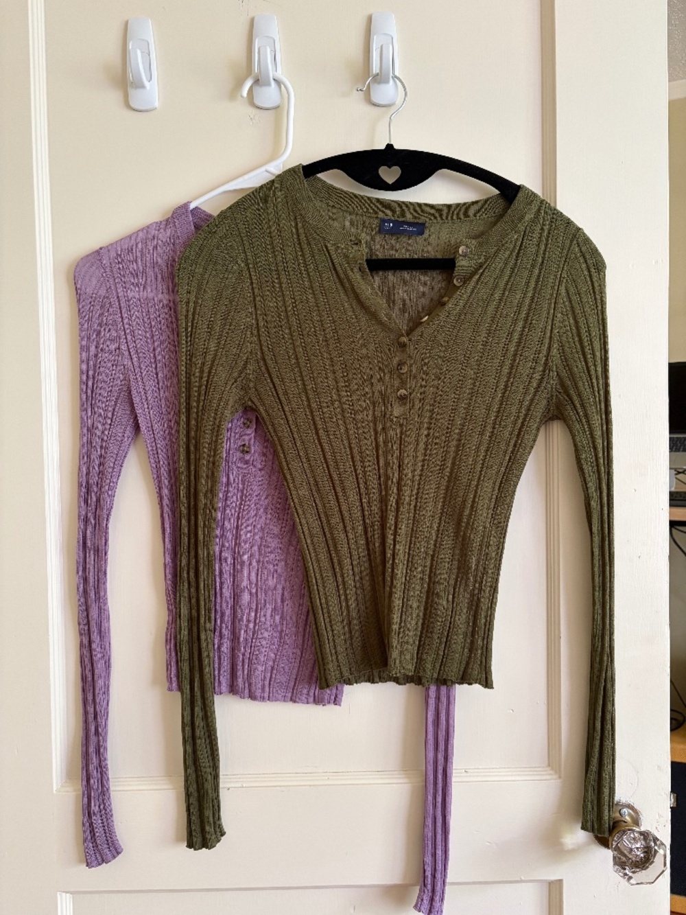 (2) Gap Henley ribbed long sleeve sweaters- olive green and lavender